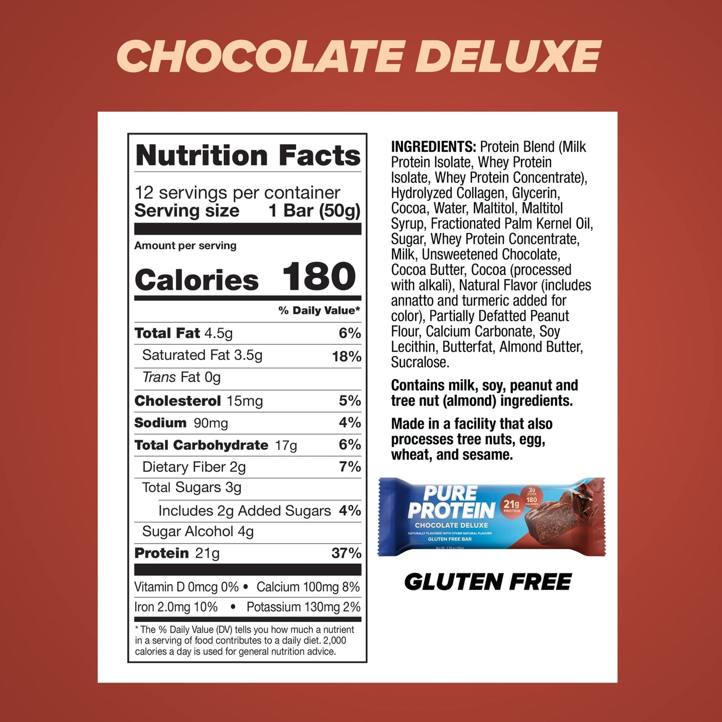 Pure Protein Chocolate Deluxe Protein Bars 12 Count 21G Protein Gluten Free