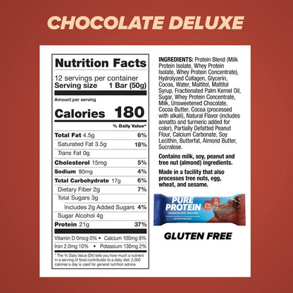 Pure Protein Chocolate Deluxe Protein Bars 12 Count 21G Protein Gluten Free