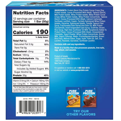Pure Protein Cookies & Cream High Protein Snack Protein Bar - 20G Protein - 12Ct: Gluten-Free, Chewy