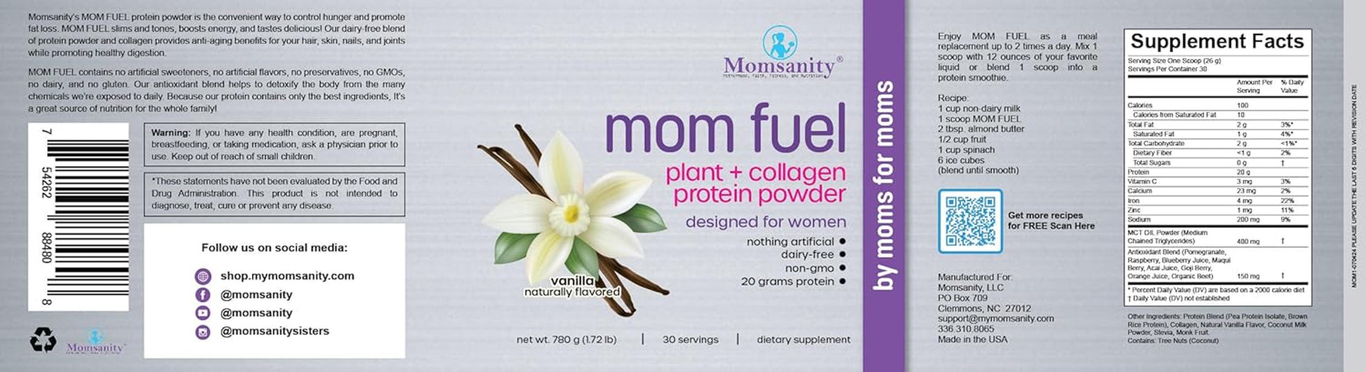 Mom Fuel Protein Vanilla | 20G Protein + Collagen | 30 Servings | Dairy-Free Blend Provides 20G Plant Protein+Collagen Protein per Scoop for Meal Replacement, Daily Nutrition and Recovery.