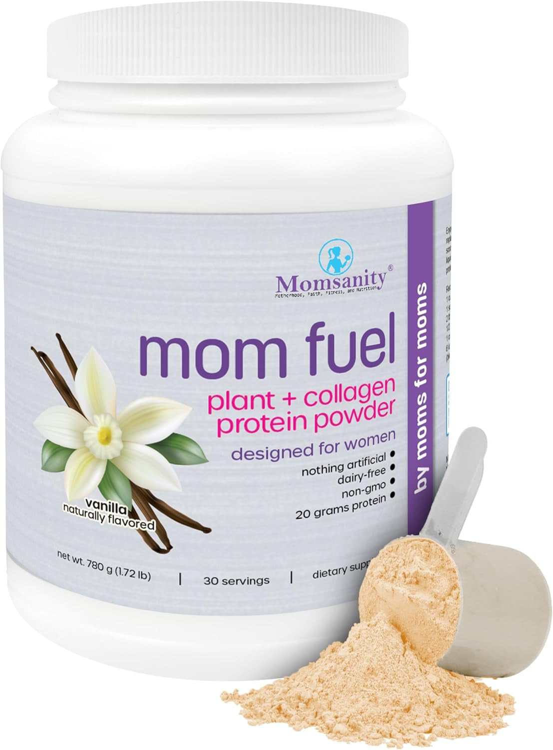 Mom Fuel Protein Vanilla | 20G Protein + Collagen | 30 Servings | Dairy-Free Blend Provides 20G Plant Protein+Collagen Protein per Scoop for Meal Replacement, Daily Nutrition and Recovery.