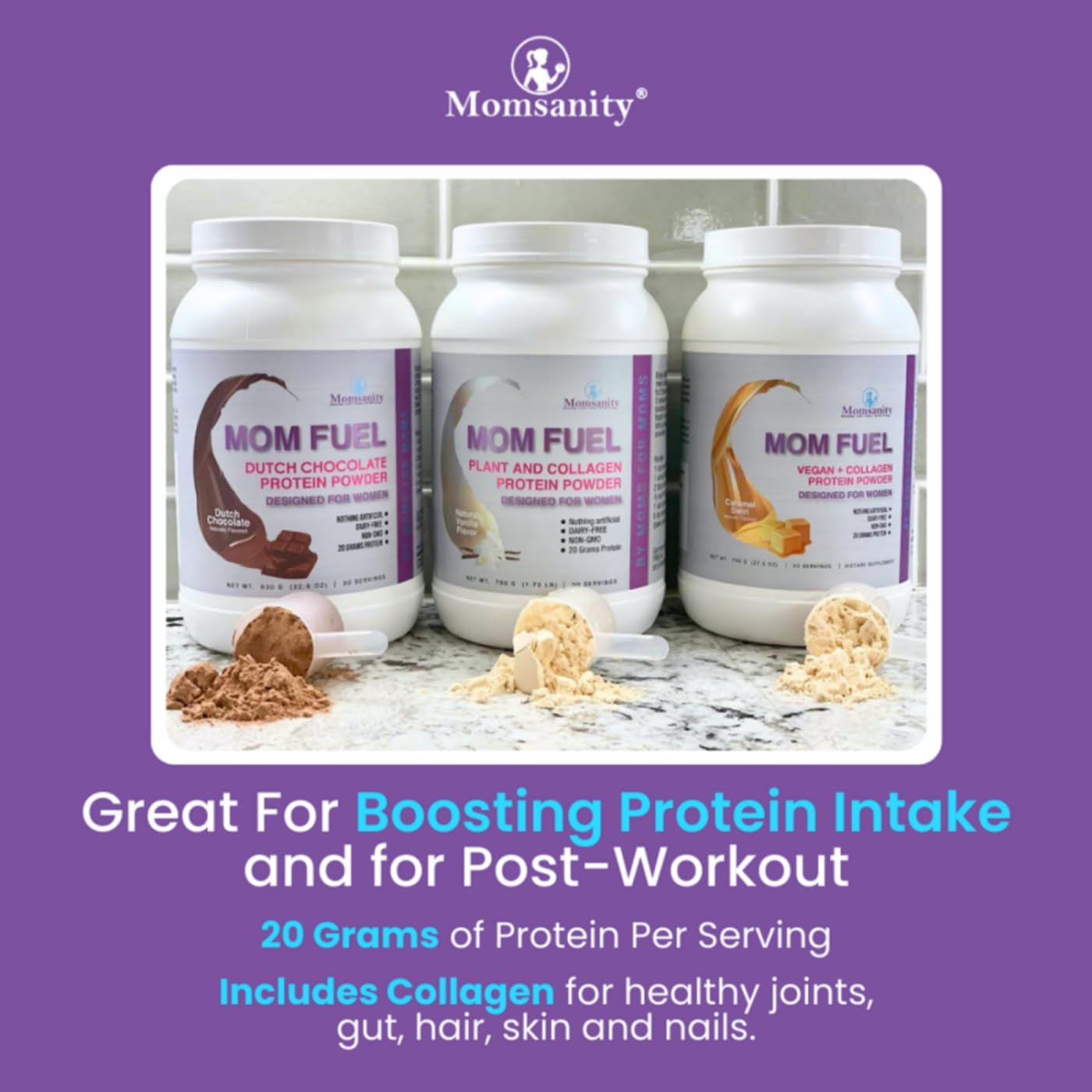 Mom Fuel Protein Vanilla | 20G Protein + Collagen | 30 Servings | Dairy-Free Blend Provides 20G Plant Protein+Collagen Protein per Scoop for Meal Replacement, Daily Nutrition and Recovery.